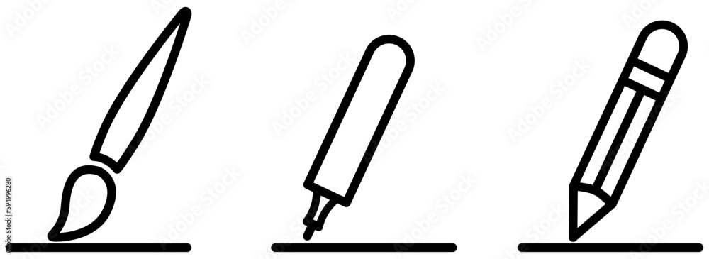 Set of pencils, pens and brushes. Black and White line art style, editable vector file on transparent background. Set of pencils, pens and brushes. Black and White line art style, editable vector file on transparent background.