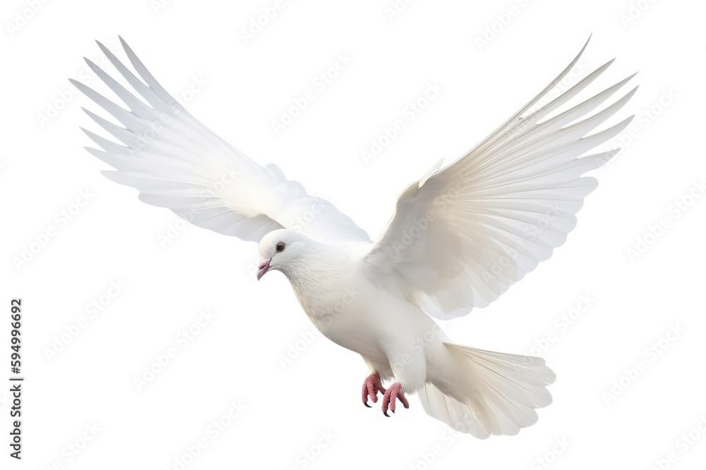 A white dove in flight isolated on a white background Generative AI A white dove in flight isolated on a white background Generative AI
