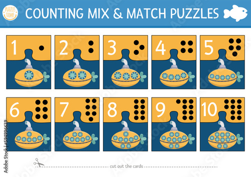 Vector under the sea mix and match puzzle with cute submarine. Ocean life matching math activity for children. Educational printable counting match up game for kids with funny underwater vessel.