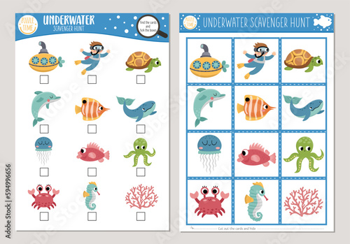Vector under the sea scavenger hunt cards set. Seek and find game with cute submarine, diver, dolphin, whale for kids. Ocean life searching activity. Simple educational printable worksheet.