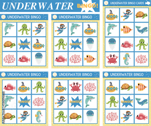 Vector under the sea bingo cards set. Fun family lotto board game with cute submarine, diver, dolphin, fish, water animals for kids. Ocean life lottery activity. Simple educational printable worksheet