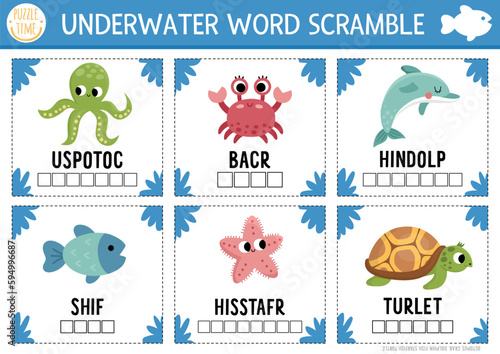 Vector under the sea word scramble activity page. English language game with octopus, dolphin, turtle, seahorse for kids. Ocean life family quiz with starfish, fish. Educational printable worksheet.