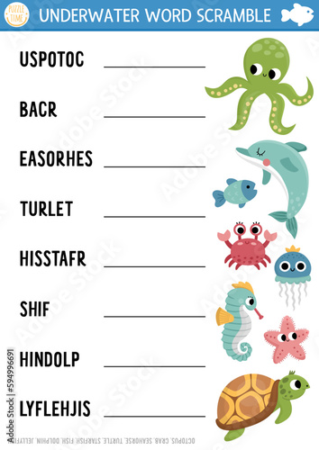 Vector under the sea word scramble activity page. English language game with octopus, dolphin, turtle, seahorse for kids. Ocean life family quiz with starfish, fish. Educational printable worksheet.
