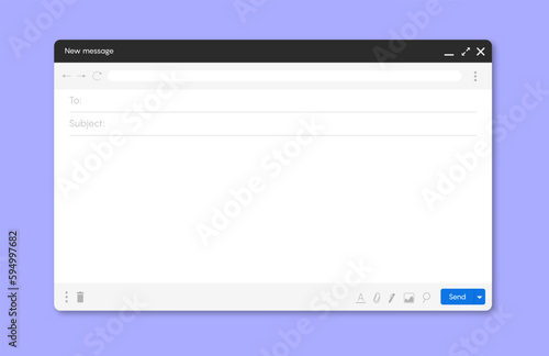 Blank email screen. Mail message interface blank mockup internet window computer, box page web software browser vector 10 rps.