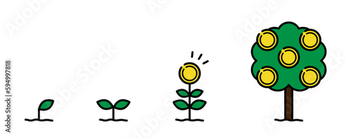 投資などでお金を育てるイメージ(土から植物が生えてお金のなる木になる)