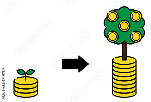 投資などでお金を育てるイメージ、小さい芽からお金のなる木へ