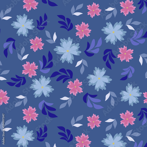 Pink Blue Flower and Leaf Allover Seamless Pattern Design Artwork © Grace Jung