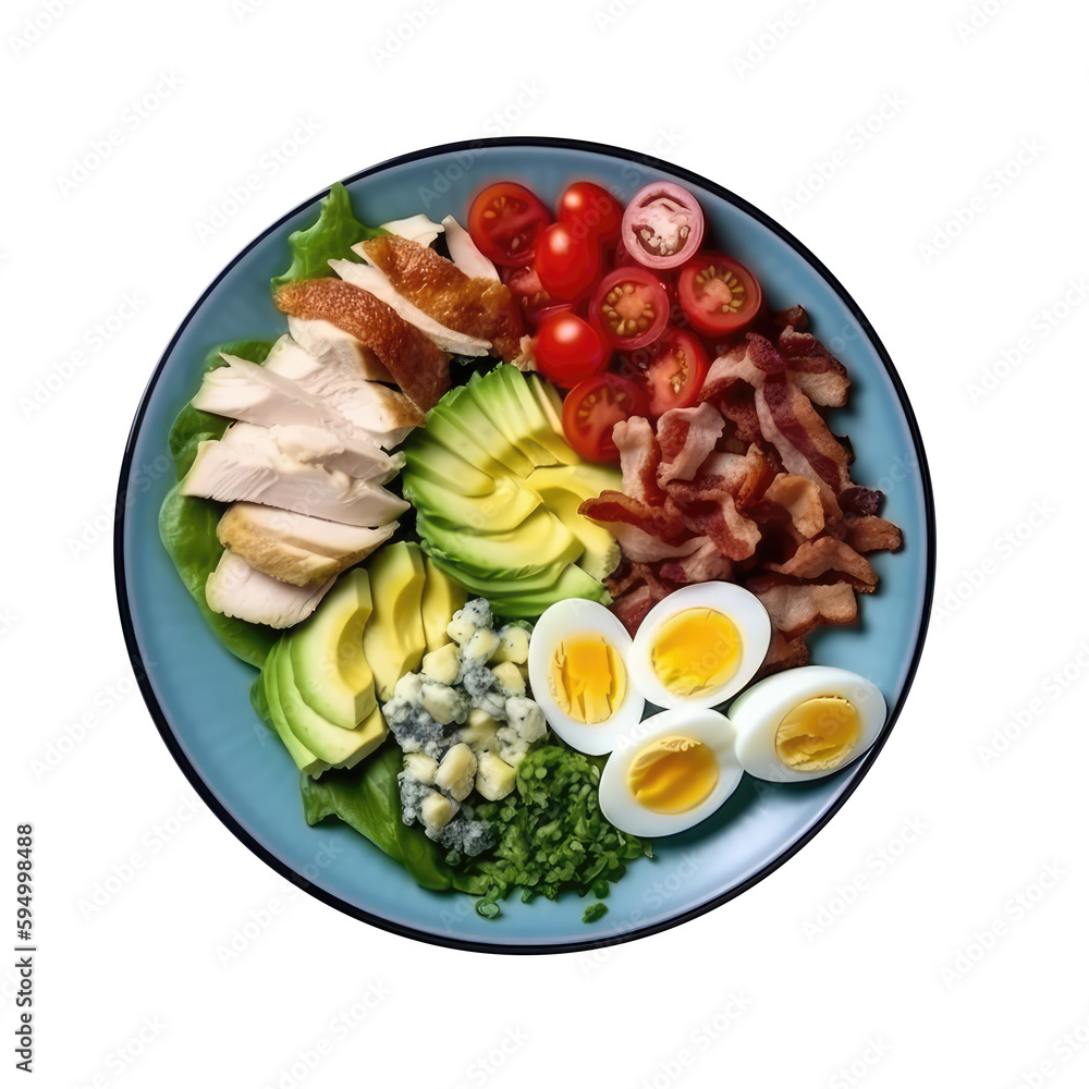 Cobb Salad On Blue Smooth Round Plate On Isolated Transparent Background U.S. Dish. Generative AI
