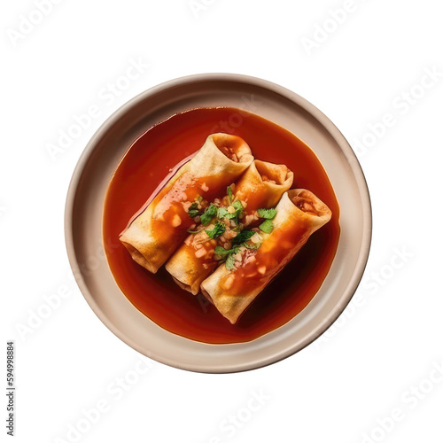 Enchiladas Suizas On White Smooth Round Plate On Isolated Transparent Background Mexican Food. Generative AI photo