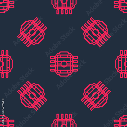 Red line Table football game hobby or leisure icon isolated seamless pattern on black background. Sport team football players. Vector