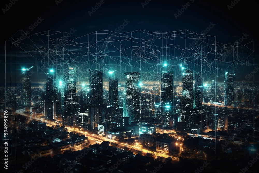 Smart city and big data network connection. capital large business district skyscrapers with abstract dots connect in complex undulating pattern Concept of modern technology and business generative AI
