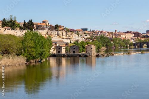 Vista panorámica de Zamora a orillas del río Duero, se pueden distinguir los tres molinos de agua y al fondo, el conjunto monumental. Castilla y León, España.