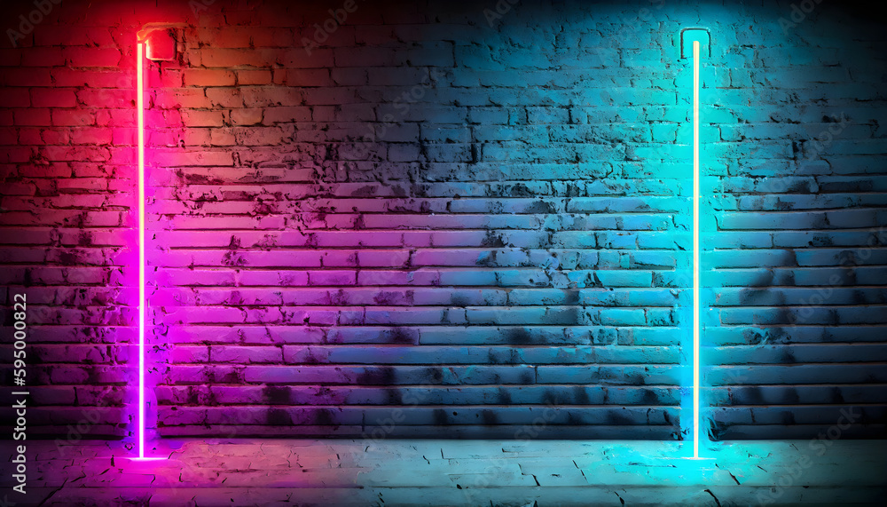 Modern futuristic neon lights on old grunge brick wall room background