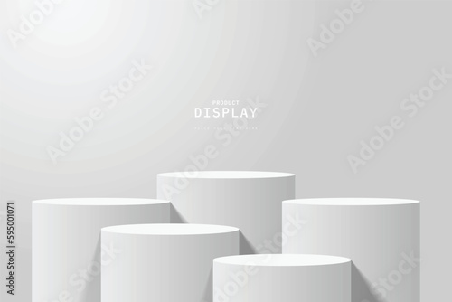 Murais de parede Empty white clean room with set of five steps 3D cylinder podium pedestal or product display stand