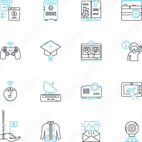 Fax machine linear icons set. Communication, Fax, Technology, Telecommunication, Office, Paperwork, Transmission line vector and concept signs. Copy,Print,Dial outline illustrations