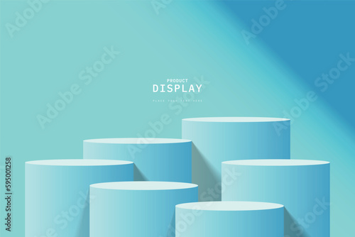 Empty blue room with set of six steps 3D cylinder podium pedestal or product display stand. 3D vector geometric platform design. Minimal wall scene for mockup. stage for product presentation.