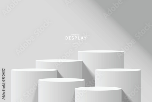 Canvas Print Empty white room with set of six steps 3D cylinder podium pedestal or product display stand