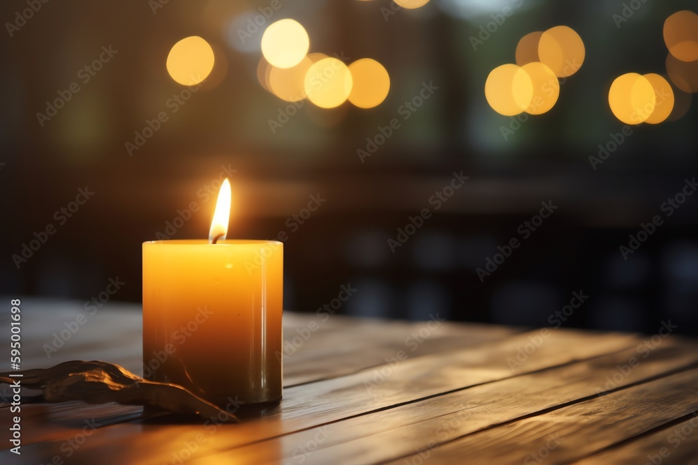 Blurred Background With Golden Candle And Wooden Table. Generative AI Blurred Background With Golden Candle And Wooden Table. Generative AI