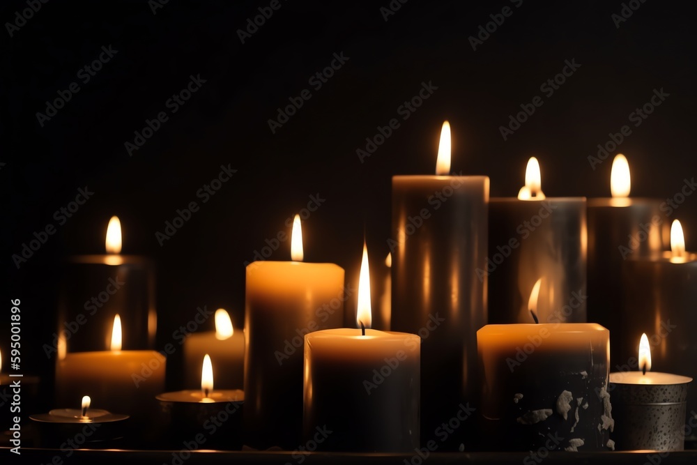 Candles Grouped On Black Table With Blurry Background. Generative AI Candles Grouped On Black Table With Blurry Background. Generative AI