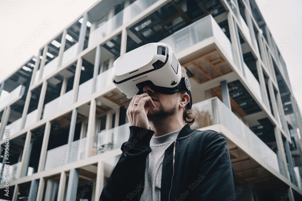 Generative AI illustration low angle of unrecognizable nervous man in casual clothes and VR glasses standing near multistory building and touching mouth