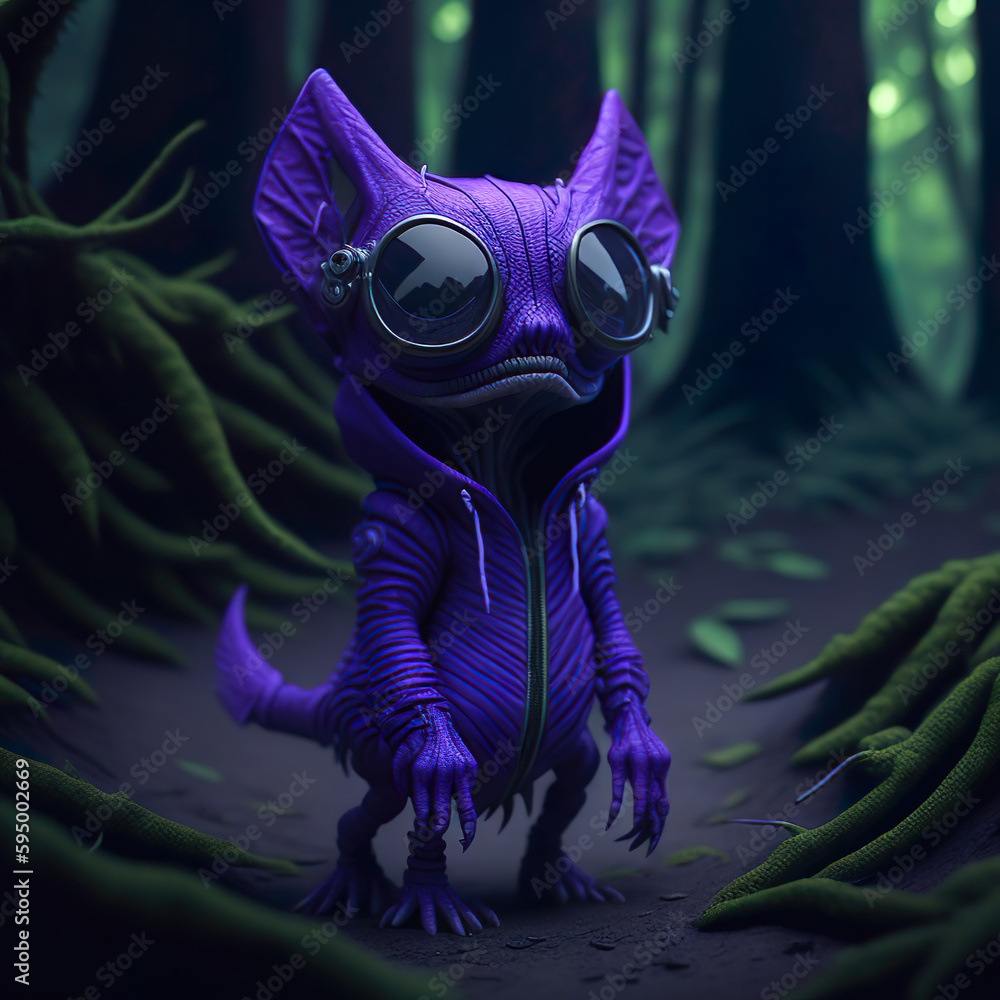 Kleiner lila Außerirdischer mit Sonnenbrille im dunklen Wald