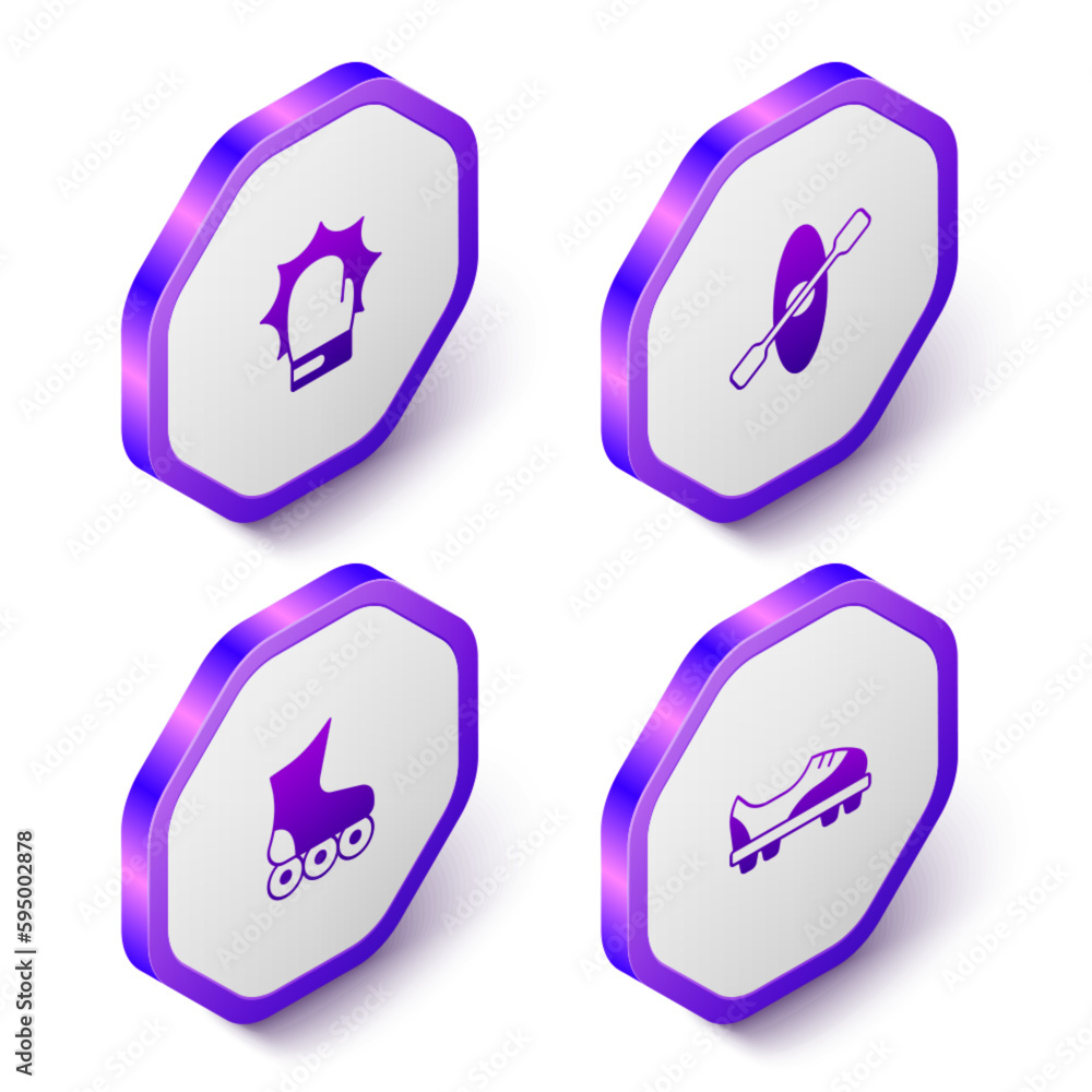 Set Isometric Punch in boxing gloves, Kayak and paddle, Roller skate and Football shoes icon. Purple hexagon button. Vector Set Isometric Punch in boxing gloves, Kayak and paddle, Roller skate and Football shoes icon. Purple hexagon button. Vector