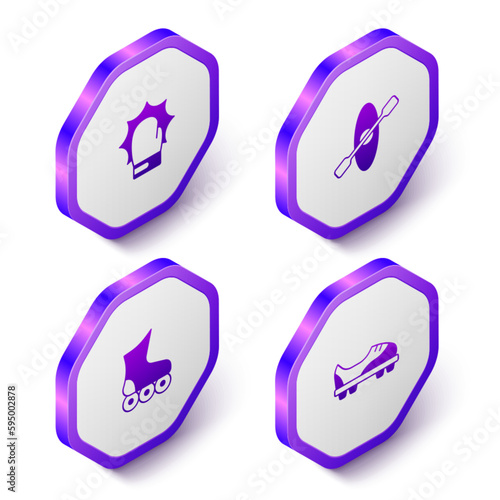 Set Isometric Punch in boxing gloves, Kayak and paddle, Roller skate and Football shoes icon. Purple hexagon button. Vector