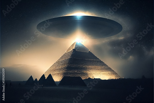 illustrtion of Egypt pyramid surrounded by magical light and smoke Flying saucer. AI