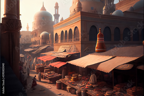 illustration of old arabian city with bazar and sunset light. AI