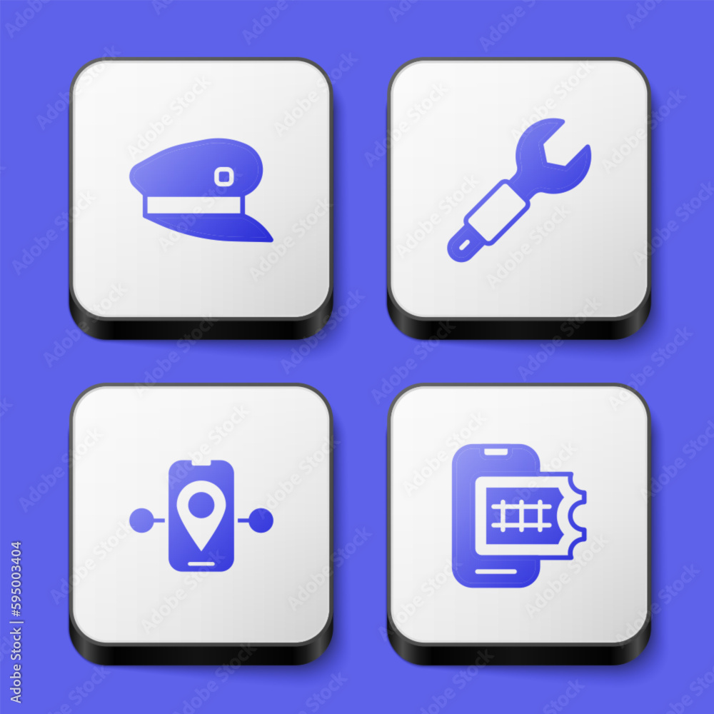 Set Train driver hat, Wrench spanner, Route location and Online ticket booking icon. White square button. Vector Set Train driver hat, Wrench spanner, Route location and Online ticket booking icon. White square button. Vector