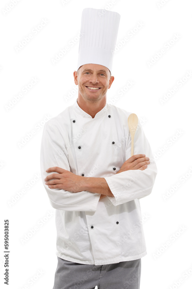 Man with smile in portrait, chef and cooking skill in hospitality isolated on transparent, png background. Culinary service, happy male cook with arms crossed and expert in cuisine and fine dining