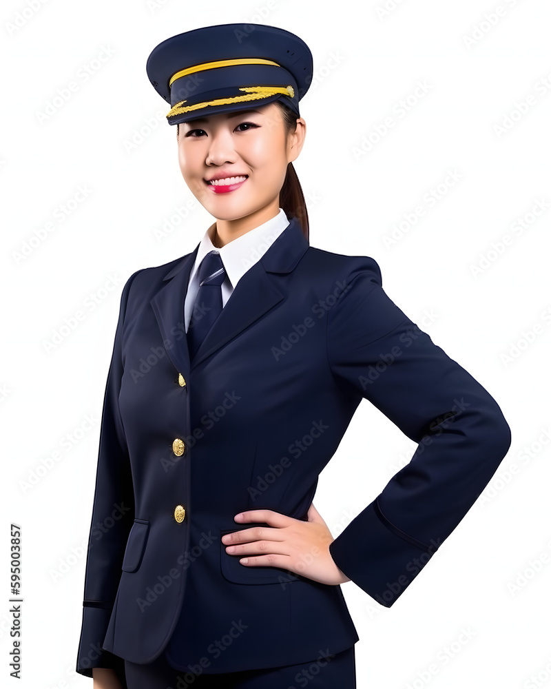 Female Flight Attendant, Stewardess in Uniform on White Background Female Flight Attendant, Stewardess in Uniform on White Background
