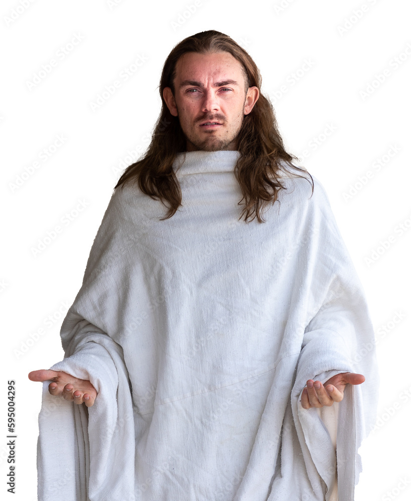Man in white robe Christ-like