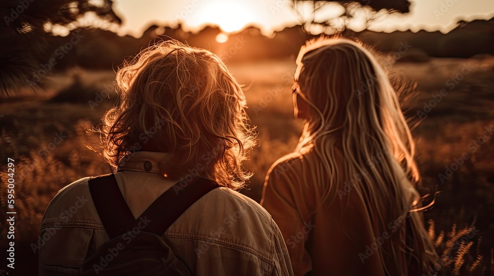 A couple at sunset, in the style of golden age aesthetics, wavy, natural fibers, light cyan and light amber, Generative AI A couple at sunset, in the style of golden age aesthetics, wavy, natural fibers, light cyan and light amber, Generative AI