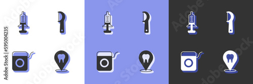 Set Dental clinic location, Syringe, floss and icon. Vector