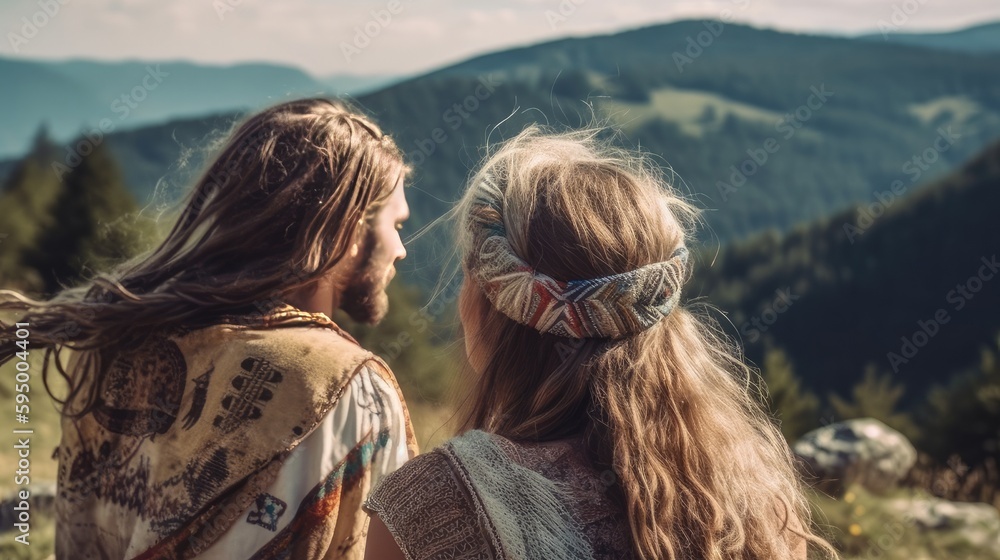 Alternative couple or hippies wandering during sunset, in the style of golden age aesthetics, wavy, natural fibers, light cyan and light amber, Generative AI