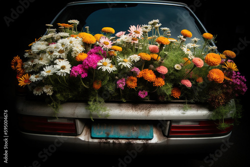 Generative AI illustration of rusty car with colorful blooming flowers in trunk on black background photo