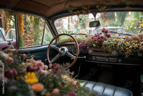 Generative AI illustration of retro car interior with colorful blooming flowers and steering wheel photo