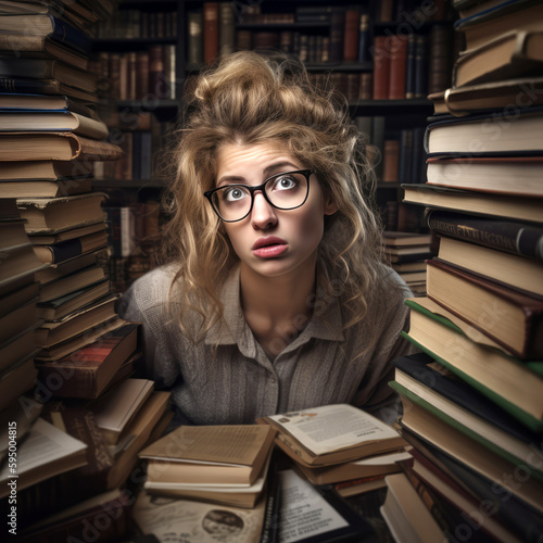 Junge Frau mit Brille zwischen Stapel von Büchern - Generative AI