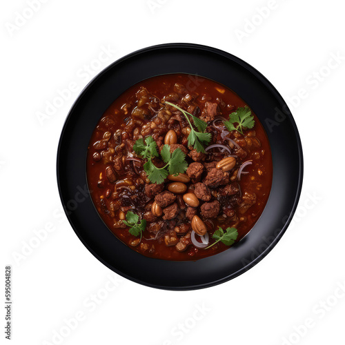 Texasstyle Chili On A Black Abstraction Round Plate On Isolated Transparent Background U.S. Dish. Generative AI photo
