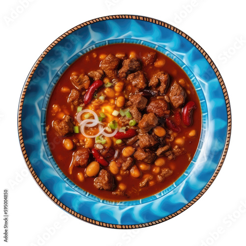 Texasstyle Chili On A Blue Abstraction Round Plate On Isolated Transparent Background U.S. Dish. Generative AI photo