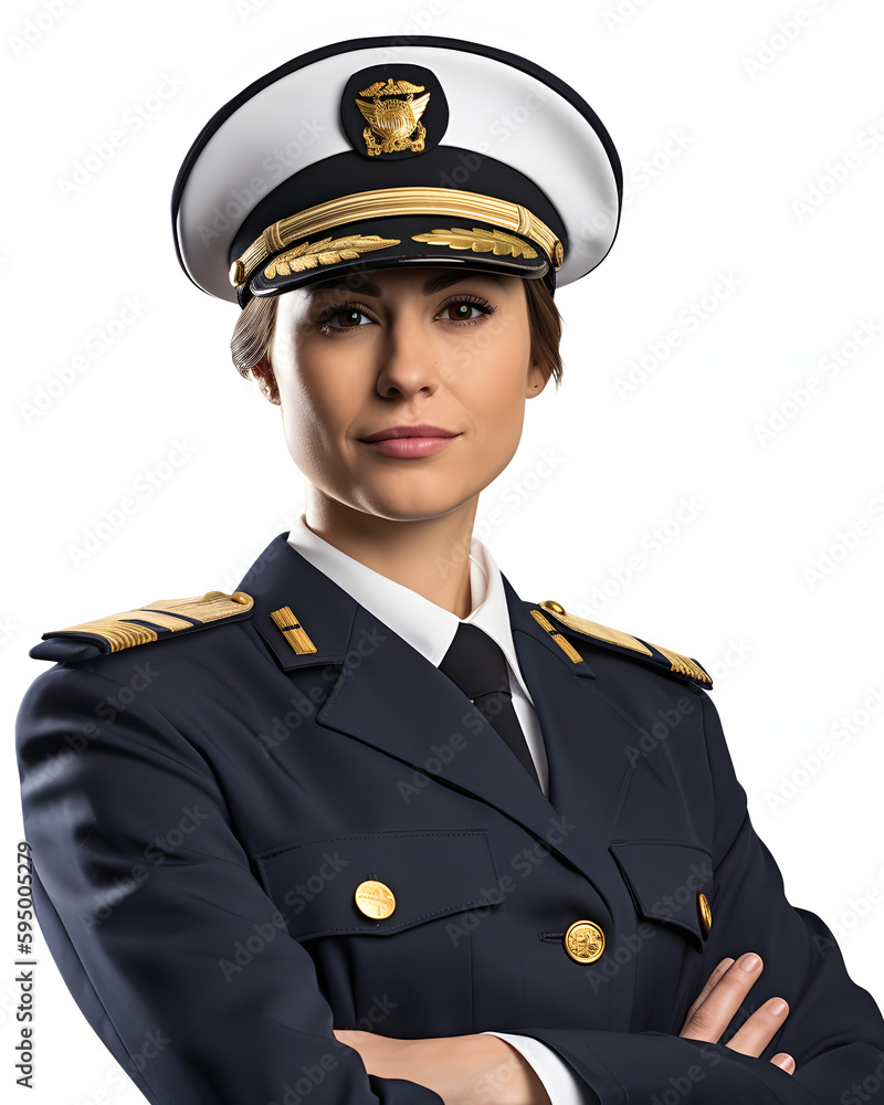 Female Pilot, Captain in Uniform on White Background Female Pilot, Captain in Uniform on White Background