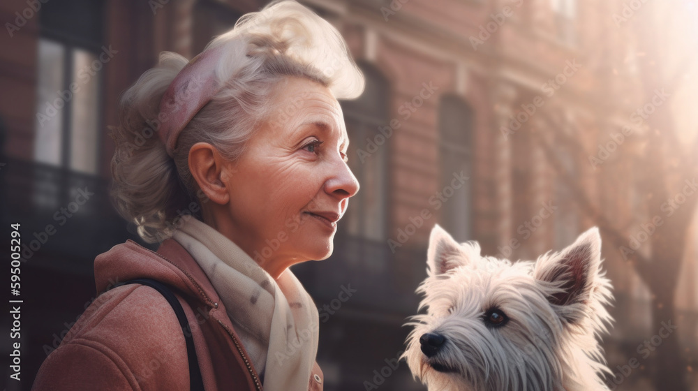A charming image of a pretty old woman and her pet dog strolling through the city with a sense of elegance and grace. Generative AI A charming image of a pretty old woman and her pet dog strolling through the city with a sense of elegance and grace. Generative AI