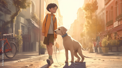 A young explorer and his furry companion walk down the city streets, filled with energy and enthusiasm. Generative AI 