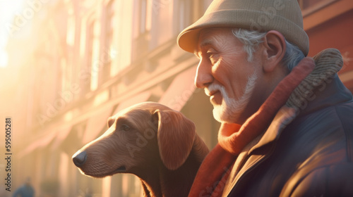 An old man and his faithful dog enjoy the sights and sounds of the city during their daily walk. Generative AI 