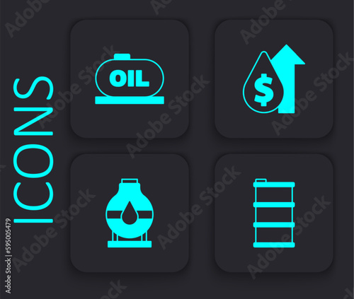 Set Barrel oil, Oil tank storage, price increase and icon. Black square button. Vector