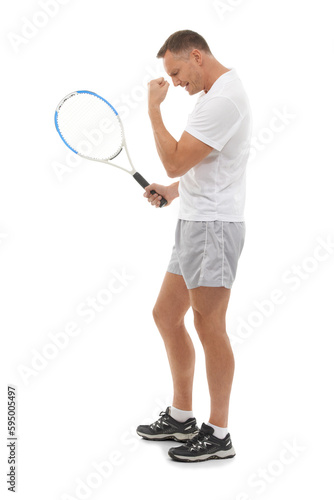Winner, tennis sports and celebration of man isolated on a transparent png background for success. Winning, achievement or mature male athlete with racket celebrating goals or sports championship © Bharat/peopleimages.com