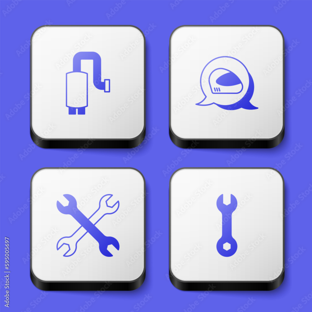 Set Car muffler, Racing helmet, Wrench spanner and icon. White square button. Vector Set Car muffler, Racing helmet, Wrench spanner and icon. White square button. Vector