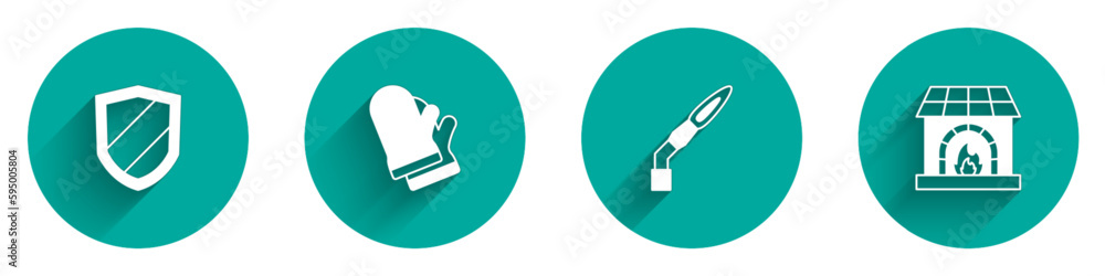 Set Shield, Protective gloves, Welding torch and Blacksmith oven icon with long shadow. Vector Set Shield, Protective gloves, Welding torch and Blacksmith oven icon with long shadow. Vector