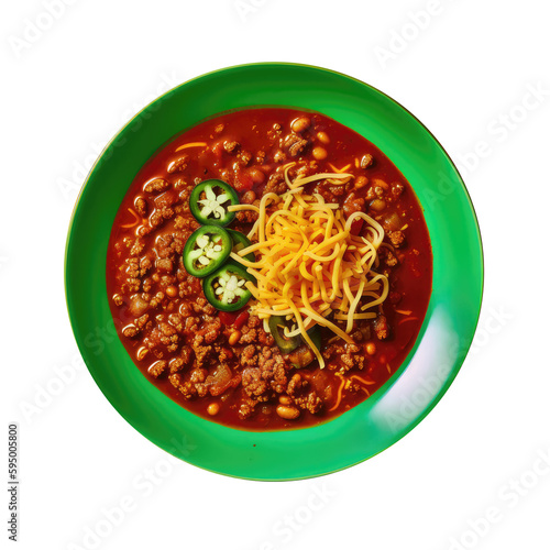 Texasstyle Chili On A Limegreen Abstraction Round Plate On Isolated Transparent Background U.S. Dish. Generative AI photo